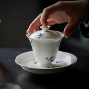 纯手绘蝴蝶兰花葵口三才盖碗茶杯单个陶瓷茶碗带盖家用泡茶器防烫