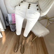 洋气奶白色高腰三排扣加薄绒牛仔裤女时尚韩国东大门特显瘦小脚裤