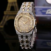 欧美潮流镶水钻表带女士石英手表时装满时尚圆形金色男国产腕表