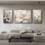 牡丹花客厅装饰画轻高级三联沙发，奢挂画美式抽象背景墙感壁画油画
