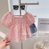 女宝宝甜美短袖2024夏季女童韩版法式方领洋气小红花裙式上衣