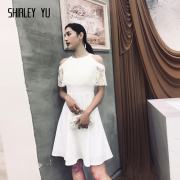 SHIRLEY YU小礼服聚平时可穿镂空蕾丝女白色高端欧美露肩连衣裙