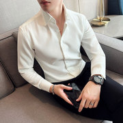 白色男士衬衫长袖高级感华夫格夏季薄款商务休闲修身冰丝大领衬衣