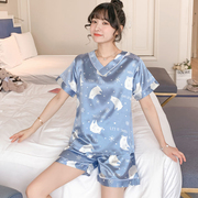 睡衣女夏季冰丝短袖，韩版性感薄款仿真丝绸夏天睡衣，大码家居服套装
