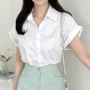 韩国chic夏季气质休闲简洁时尚，百搭暗扣设计翻领卷边短袖衬衫上衣