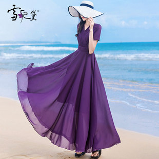 紫色雪纺连衣裙女长款到脚踝2024年夏季收腰显瘦显高大摆裙子