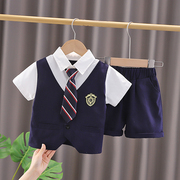 童装学院风假马甲两件套装夏季儿童时髦短袖衬衫男童西裤短裤套装