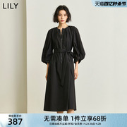 lily2024春女装宽松圆领，黑色气质连衣裙，长款灯笼袖长裙小黑裙