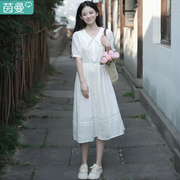 茵曼裙子女夏季2024甜美设计感小众亚麻，白色连衣裙女高级感