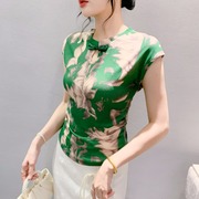 女式修身国风改良印花无袖T恤国潮女装中国风复古风盘扣小衫