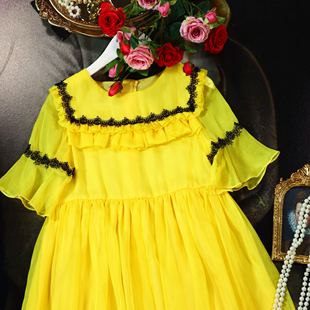 女童装夏装雪纺连衣裙，荷叶边蕾丝黄色，公主裙淑女甜美短袖裙子