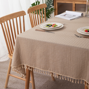 素净日式灰条纹原木风桌布民宿装饰几何流苏边长方形餐桌茶几盖巾