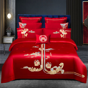 全棉长绒棉婚庆大红色十件套四六件套新婚结婚床上用品被套床单
