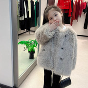 女童冬装外套加厚保暖亲子装高级感气质双排扣仿皮草毛毛大衣上衣