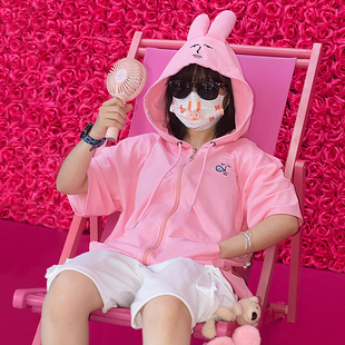 粉红兔子MyFriend原创短袖连帽卫衣可爱女生卡通夏季粉色半袖T恤