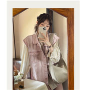 两件套韩版高级感粉色做旧洗水牛仔马甲外套女学生百搭条纹衬衫潮