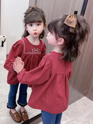 女宝宝春款红色娃娃衫儿童，宽松t恤2023中小童春秋季洋气裙子