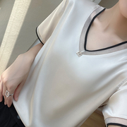 真丝t恤女夏季v领上衣女薄款内搭打底衫短袖套头衫2023年
