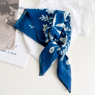 小方巾丝巾女蓝色三角头巾，护颈棉围脖扎染领巾，装饰云南纱巾薄围巾