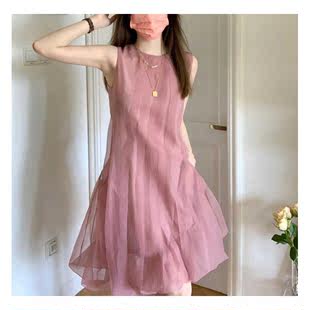 夏季超仙气质仙女裙法式茶歇jue美网纱粉色无袖连衣裙吊带蓬蓬裙