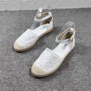 白色渔夫鞋女2022春夏季镂空蕾丝花边低跟中空凉鞋包头平底鞋