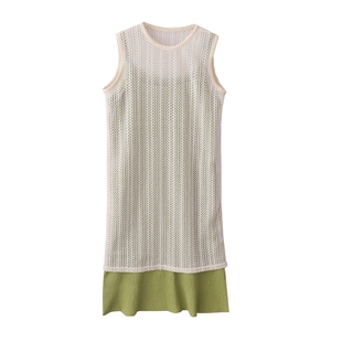 夏季小众设计感褶皱，绿色吊带裙+蕾丝镂空罩衫，背心裙两件套装
