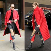 Gigi Hadid同款红色西装领轻薄型白鸭绒保暖冬季超长款羽绒服外套