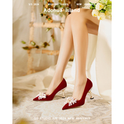 结婚鞋禾秀婚纱两穿孕妇红色，高级感小众新娘，鞋法式绝美闪钻高跟鞋