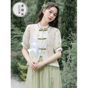 新中式国风上衣短袖夏装禅意小个子改良中式甜美雪纺衬衫女夏季