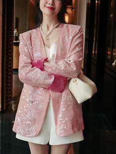 新贵系列新中式国风外套，重工刺绣亮片，设计东方美撞色丝绒西装粉色