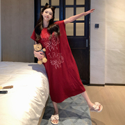 新年本命年红色睡裙女夏季纯棉，带胸垫韩版短袖，大码中长家居服睡衣