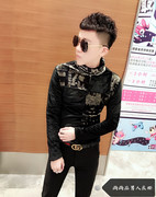 冬季款韩版男士长袖t恤个性，拼接金丝绒修身加绒t恤高领加厚打底衫