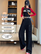 设计感工装裤黑色阔腿裤女2023秋冬美式高腰休闲裤直筒运动裤