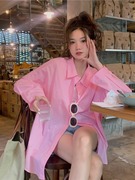 粉色防晒衣女夏季薄款衬衫外套，设计感小众韩版宽松中长款长袖上衣