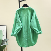 绿色潮牌衬衫女2024年早春韩版设计感小众，衬衣中长款上衣外套