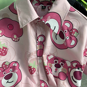 日系原宿风卡通草莓与小熊涂鸦短袖衬衫男女情侣衬衣外套夏季