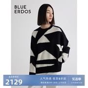 100%山羊绒BLUE ERDOS冬季宽松黑白拼色针织衫B236A0007