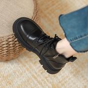 GG。真皮黑色马丁靴女2024春秋季单靴小个子内增高厚底系带短