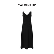 calvinluo肩饰垂褶雪纺，连衣裙23fw黑白玫红周雨彤同款