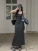 黑色针织吊带背心裙女设计感小众气质收腰连衣裙夏季包臀鱼尾长裙