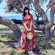 奈良西双版纳度假裙旅游穿搭民族风连衣裙红色海边度假裙沙滩裙夏