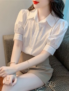 华来阿玛施特品牌2024新夏季小个子宽松正肩设计感小众短袖白衬衫