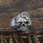 fcfateco经典做旧蛇缠绕骷髅，戒指男士925纯银重工欧美嘻哈指环