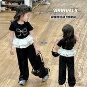 女童黑色蝴蝶结T恤裙裤套装夏装24韩版洋气儿童短袖上衣长