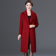 高端双面羊绒大衣女，长款2023秋冬中年妈妈装酒红色，大红色毛呢外套