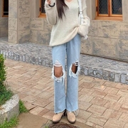 秋季女装韩国Lylon潮流时尚做旧破洞显瘦浅色牛仔长裤