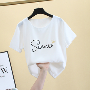 夏季韩版大码宽松卡通，字母印花学生雪纺衫，短袖t恤女半袖上衣