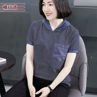 2024夏季海军风连帽拼接条纹宽松短袖T恤大码上衣服女装小衫