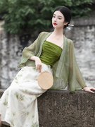 原创新中式中国风连衣裙宋制改良汉服复古开衫吊带印花半裙三件套