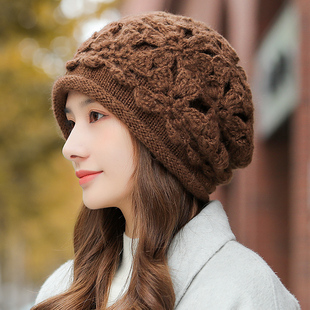 毛线帽子女士洋气秋冬季2024保暖显脸小堆堆帽手工勾花针织帽